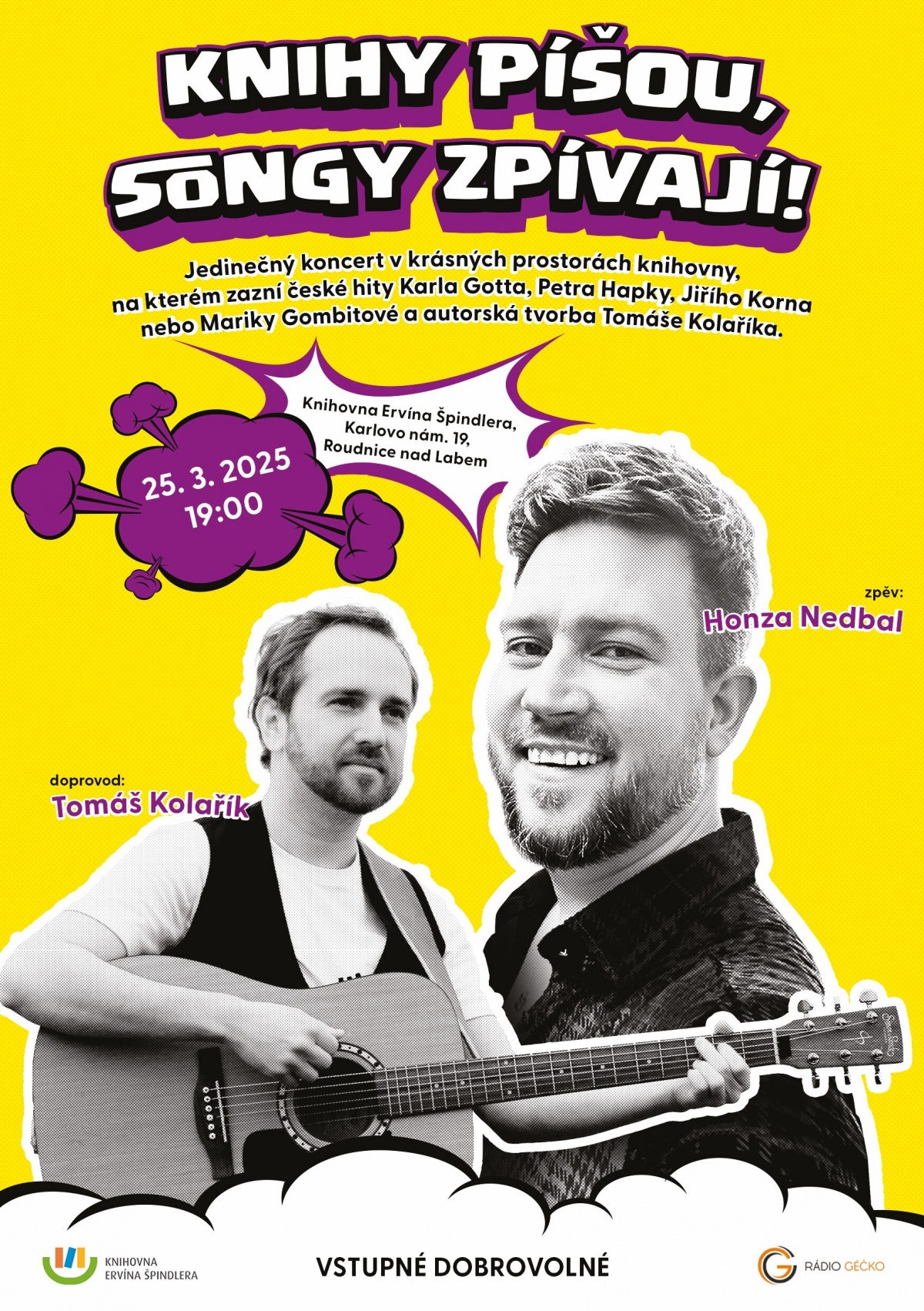 Plakát akce Knihy píšou, songy zpívají! Koncert Tomáše Kolaříka a Jana Nedbala