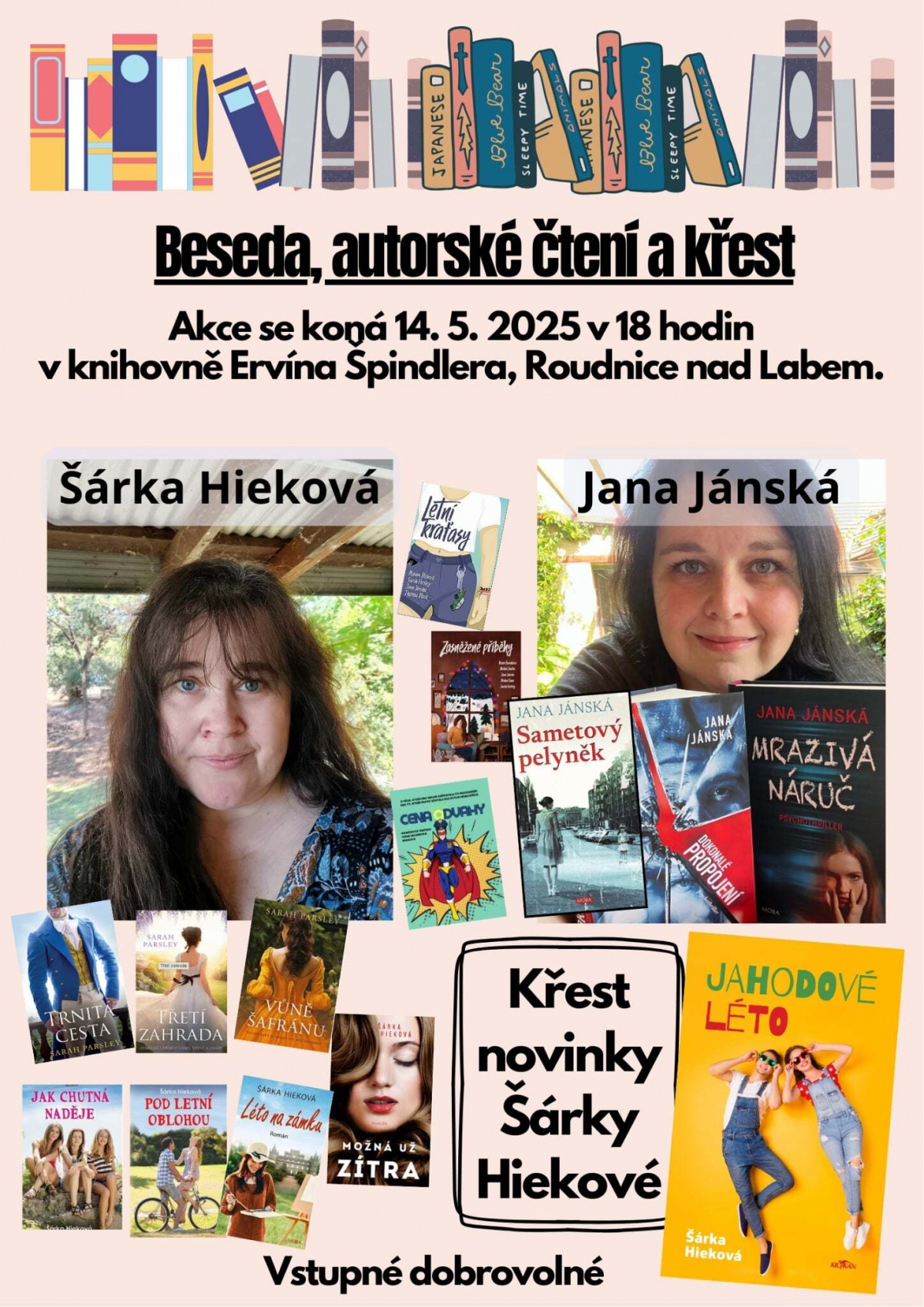 Plakát akce Beseda, autorské čtení a křest knihy autorky Šárky Hiekové