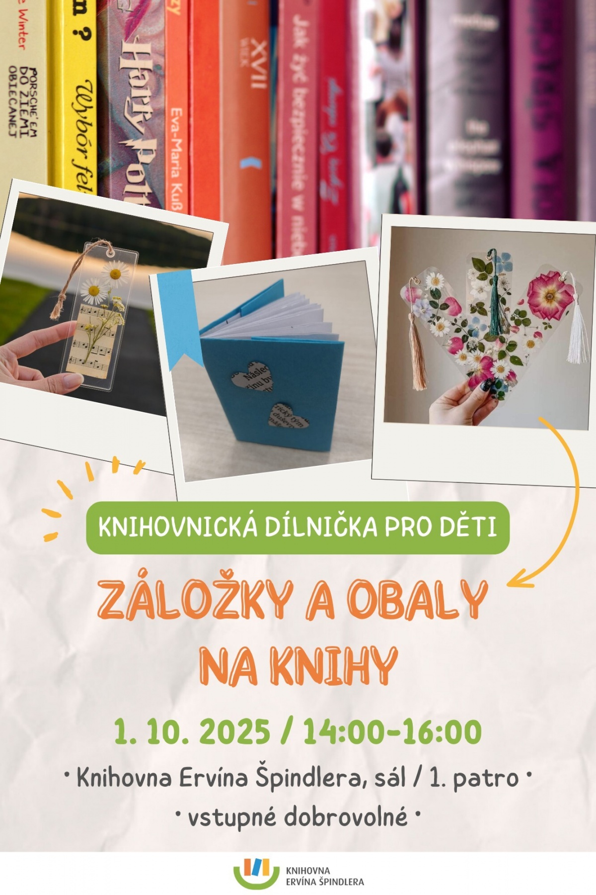 Plakát akce Knihovnické dílničky - Záložky a obaly na knihy