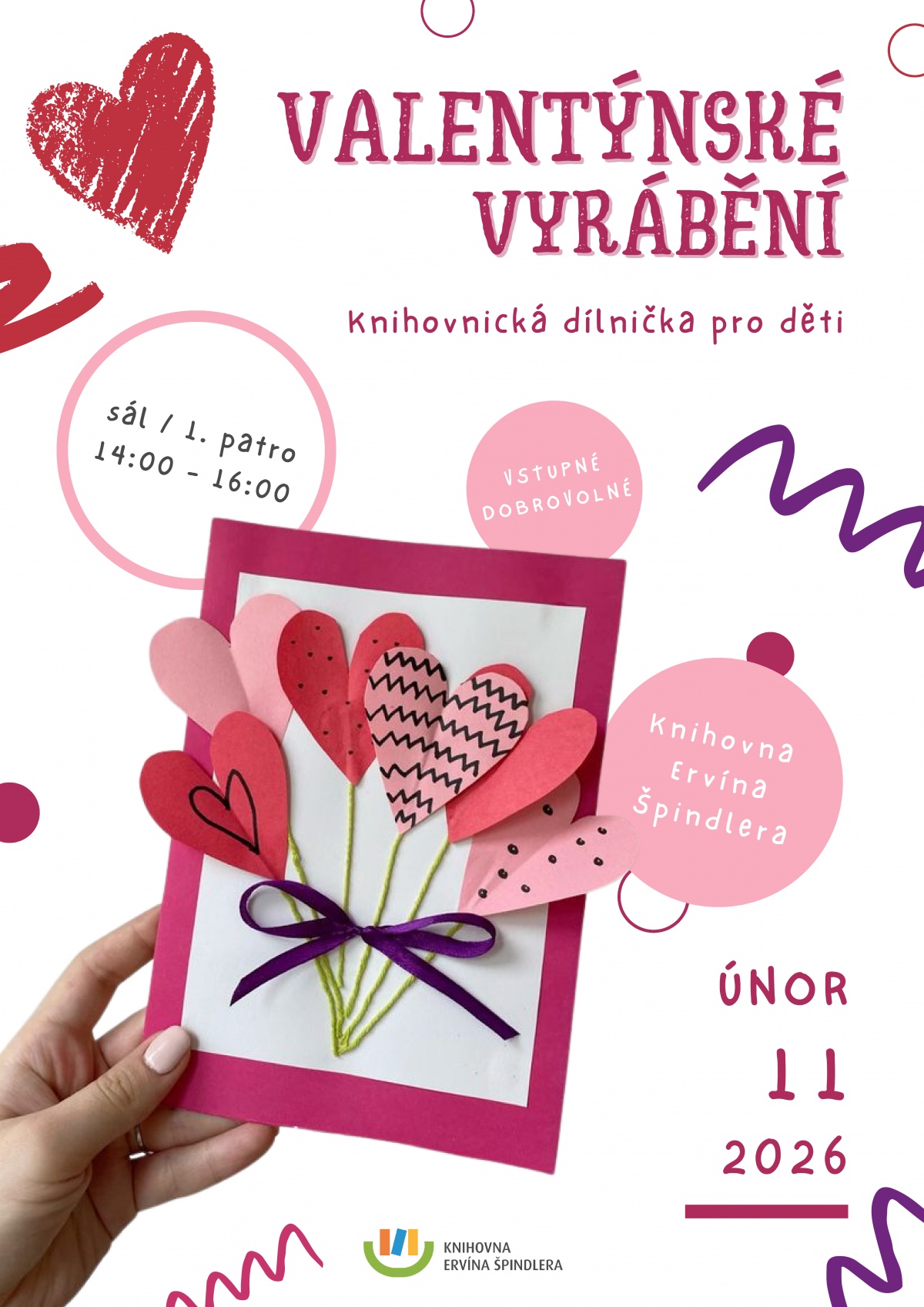 Plakát akce Knihovnické dílničky - Valentýnské vyrábění